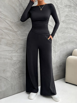 Leisure Pleated Solid Color Long Sleeve 2-piece Sets