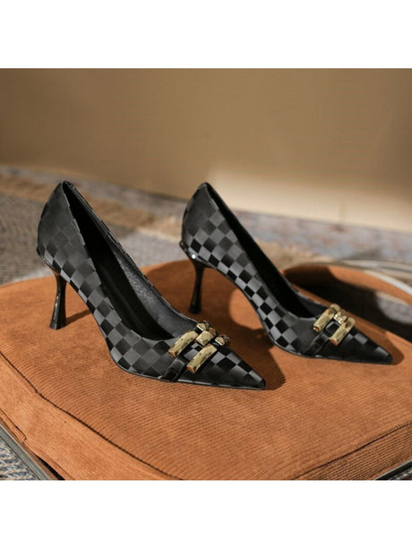 Liber Spring and Autumn Plaid Metal Buckle Women's High Heels