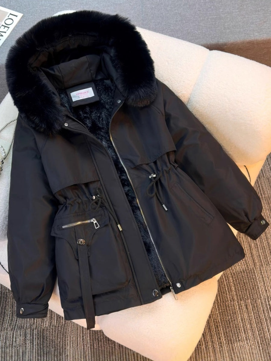 Parka With Fur Collar Drawstring Waist Pocket Casual Cotton-padded Jackets/down Jackets