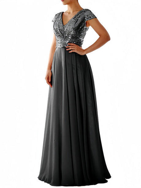 V-neck Sequins Spliced Long Dress