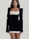 Square Collar Puff Sleeve Contrasting Colors Long Sleeve Velvet Mini&Short Dresses