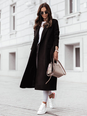 Simple Long-sleeved V-neck Tie Woolen Solid Color Coats