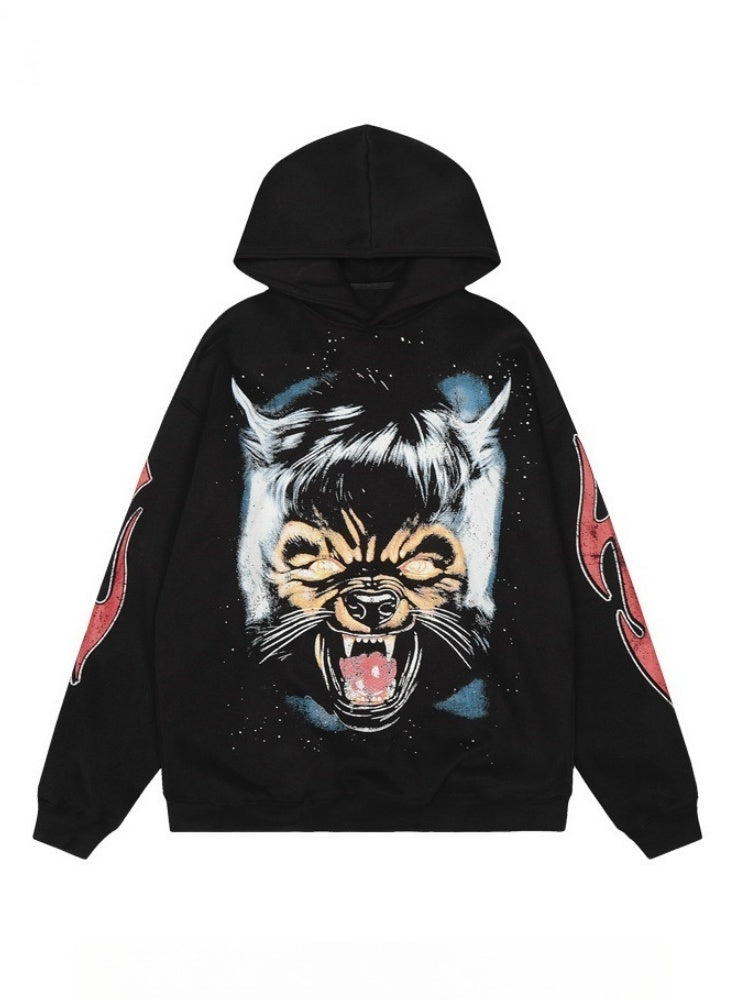 Hungry Wolf Printed Hip Hop Plush Loose Hoodies