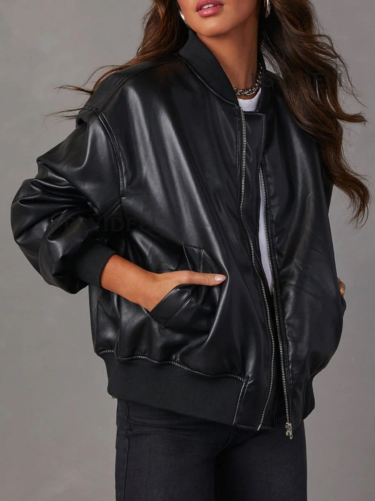 PU Leather Crew Neck Zip-up Baseball Jacket, Autumn/winter Long-sleeved Jacket, Leather Coat