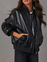 PU Leather Crew Neck Zip-up Baseball Jacket, Autumn/winter Long-sleeved Jacket, Leather Coat