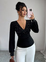 Deep V-neck Slim Fit Pearl Decoration Pleated Waist T-shirt