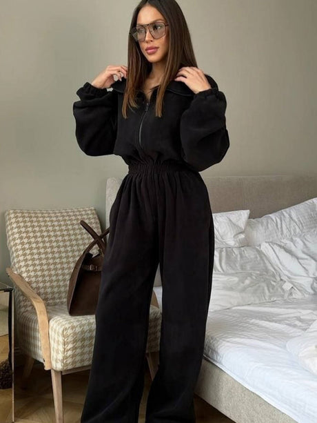 Liber Autumn women's one-piece suit solid color straight pants long-sleeved jumpsuit