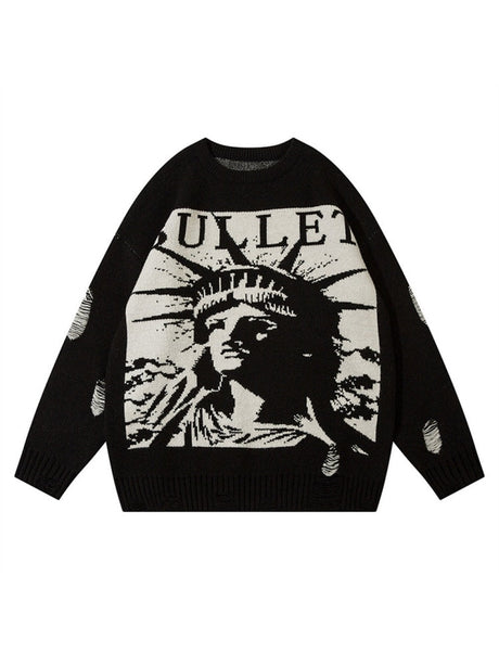Halloween Retro Character Pattern Loose And Casual Destroyed Sweater
