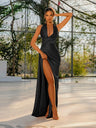 Halter Tie-Back Deep V-Neck Pleated High Slit Maxi Dress
