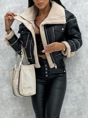 Short-sleeved Jacket With Lambskin Collar, Zipper, And Leather Trim For Autumn And Winter.