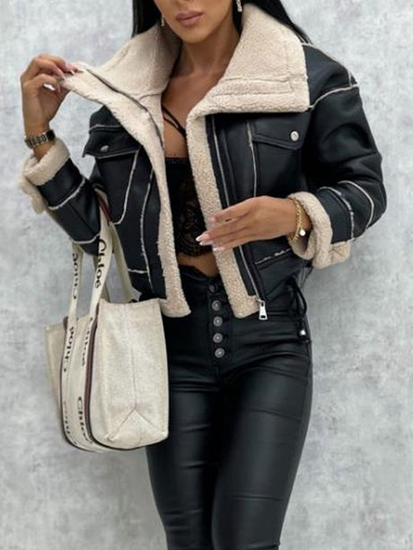 Short-sleeved Jacket With Lambskin Collar, Zipper, And Leather Trim For Autumn And Winter.