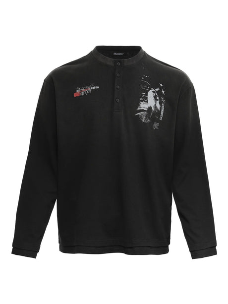 Retro European And American Portrait Prints Distressed Henry Collar Fake Two Pieces Long-sleeved T-shirt