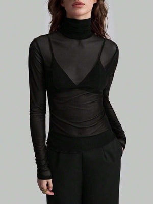 Headband Perspective Turtleneck Slim Fit Party And Nightclub Outfits With Mesh/see-through Tops