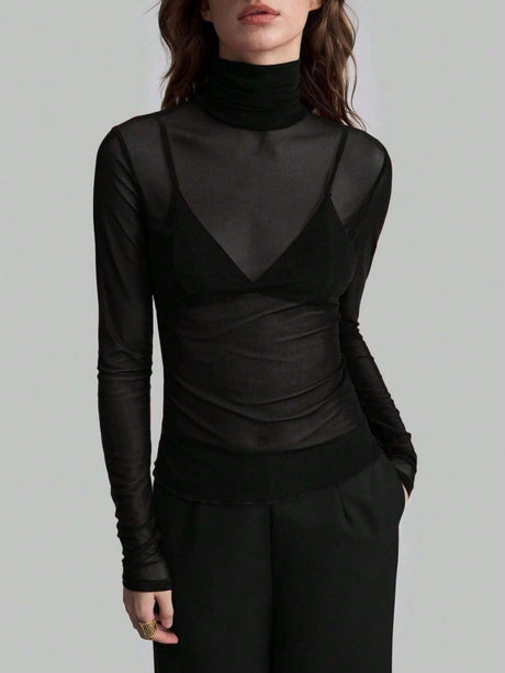 Headband Perspective Turtleneck Slim Fit Party And Nightclub Outfits With Mesh/see-through Tops