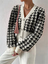 Houndstooth Balloon Sleeve Knitted Cardigan Sweater