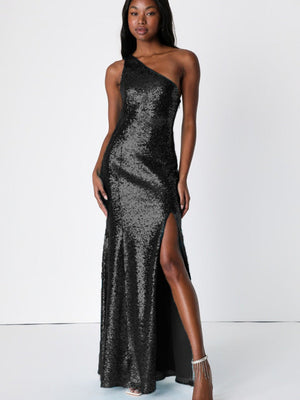 One Shoulder Sequins Slit Long Dress