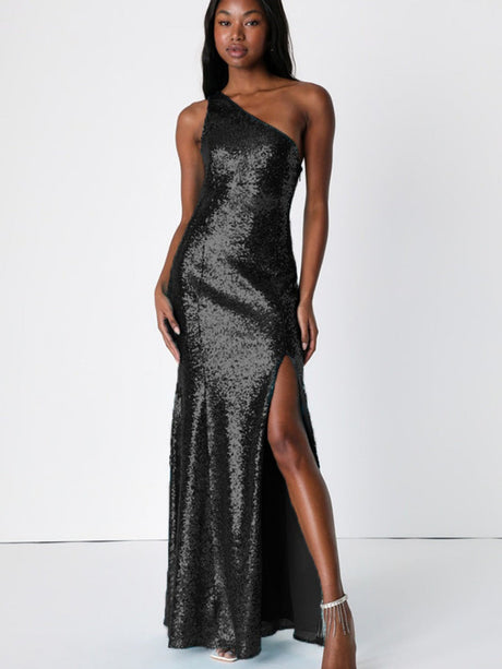 One Shoulder Sequins Slit Long Dress