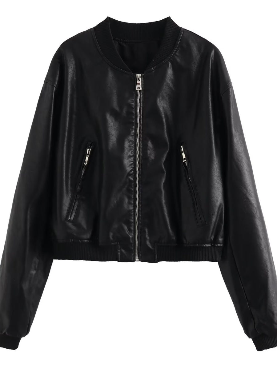 Street Short Slim Fit Stand Collar Pilot Leather Jacket