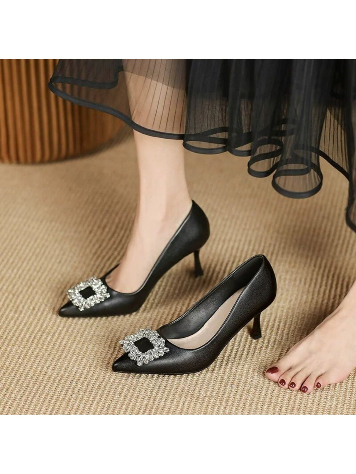 Liber Spring and Autumn Rhinestone Square Buckle Women's High Heels