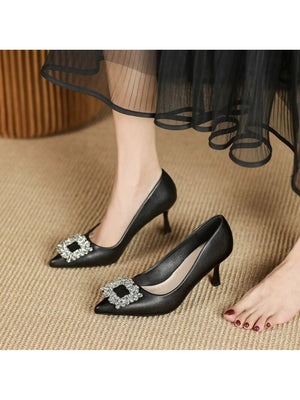Liber Spring and Autumn Rhinestone Square Buckle Women's High Heels