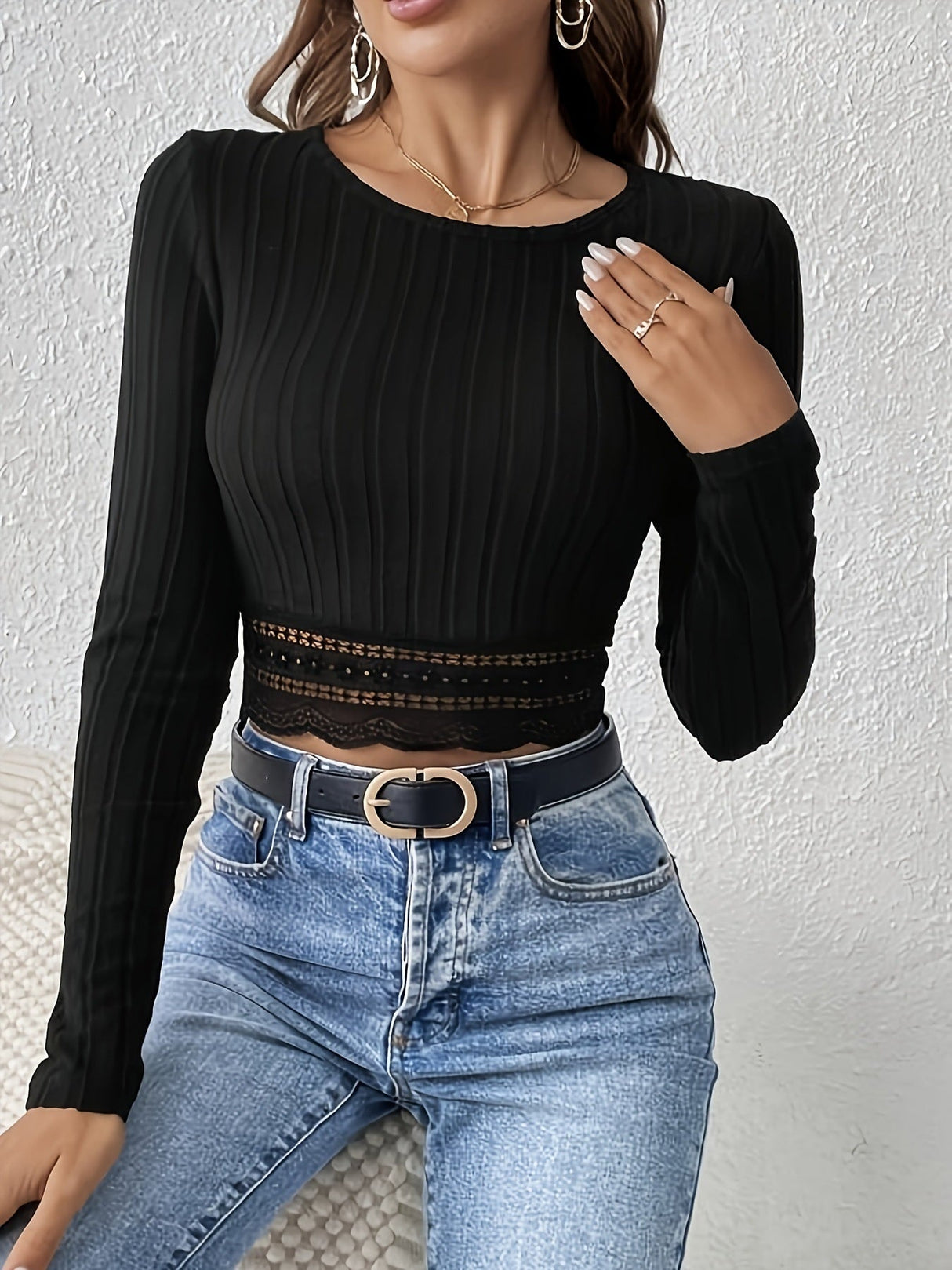 Lace Stitching Solid Color Crew Neck Long Sleeve Pit Strip T-shirts