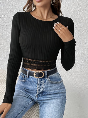 Lace Stitching Solid Color Crew Neck Long Sleeve Pit Strip T-shirts