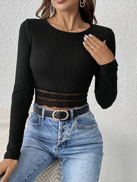 Lace Stitching Solid Color Crew Neck Long Sleeve Pit Strip T-shirts