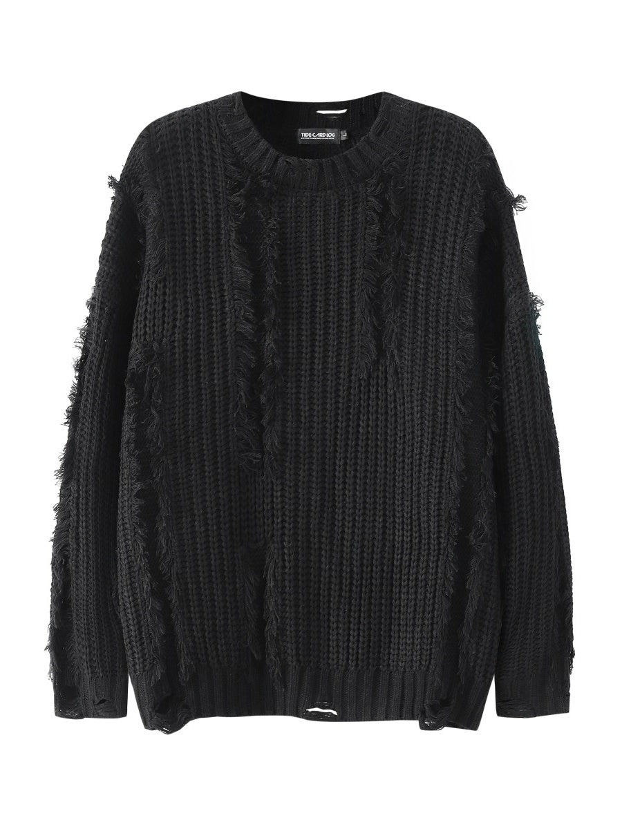 Mahua Hole Raw Edges All-match Crew Neck Sweater