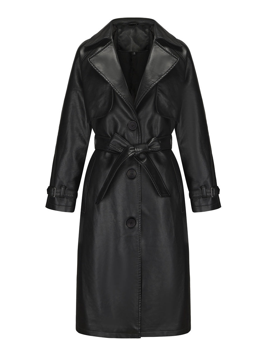 Long And Loose Lace Up Lapel Leather Jacket