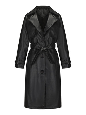 Long And Loose Lace Up Lapel Leather Jacket