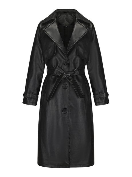 Long And Loose Lace Up Lapel Leather Jacket