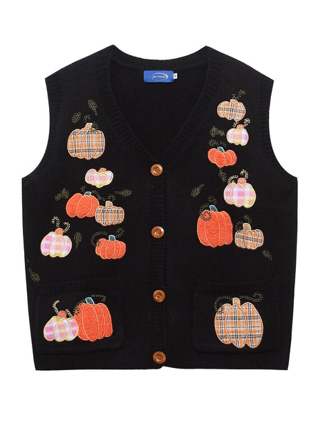 Halloween Fun Little Pumpkin Embroidery V-neck Sweater Vest