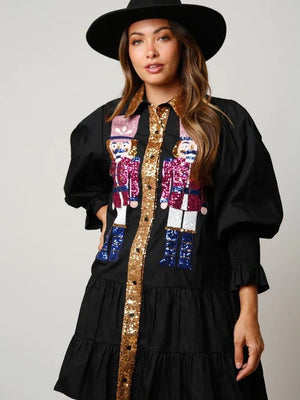Christmas Sequined Nutcracker Soldier Contrast Color Long Sleeve Lapel Dress
