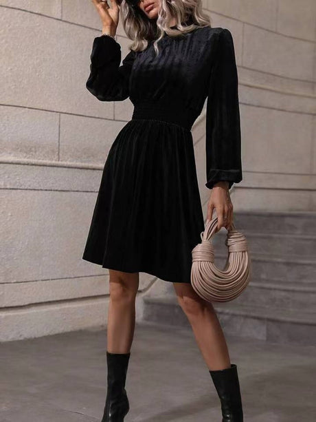 High Collar Gold Velvet Puff Sleeve Hit Long-sleeved Short Dress