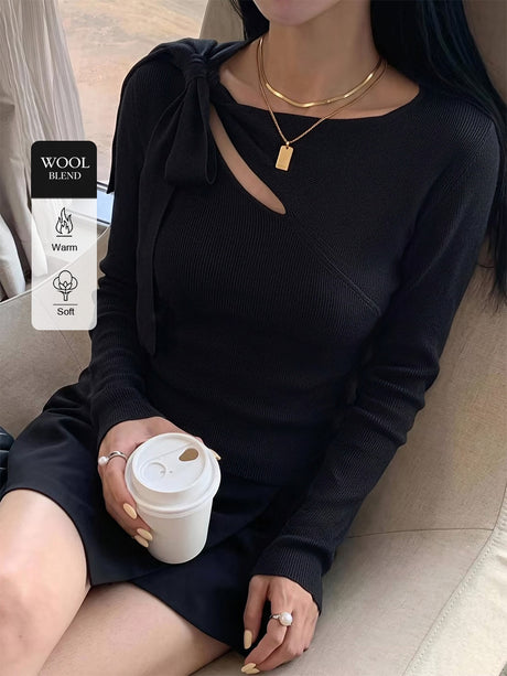 Wool Shoulder Strap Bow Openwork Asymmetrical Neck Long-sleeved Sweater