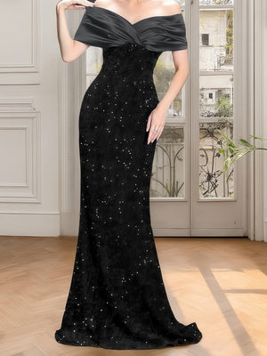 Off Shoulder Wrap hip Sequins Maxi Dresses