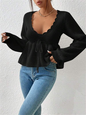 V-neck Drawstring Ruffled Skirt Knitted Pullover Sweater