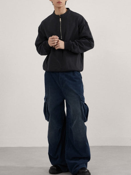 Retro Loose Boxy Short Half Zipper Crew Neck Sweatshirt