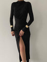 High Collar Black High Slit Evening Long Dress
