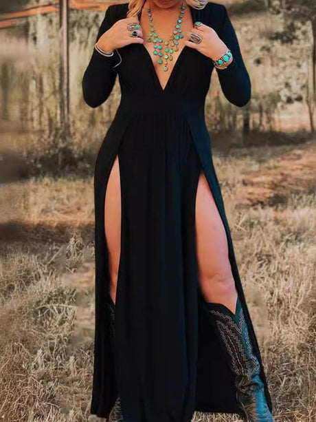 Black Long Sleeve V-neck Hollow Maxi Dresses