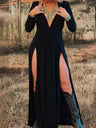 Black Long Sleeve V-neck Hollow Maxi Dresses
