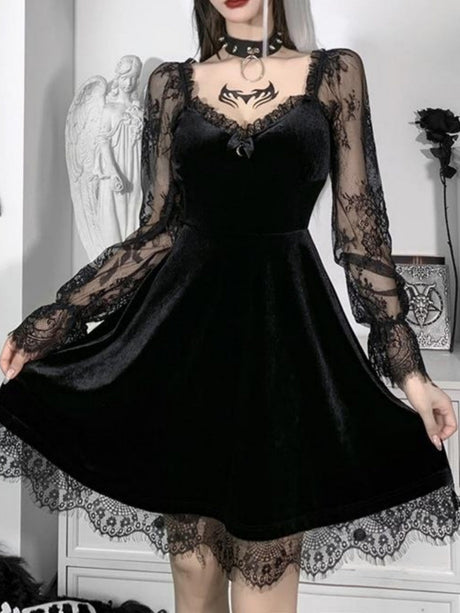 Halloween Lace Velvet Long Sleeve Midi Dresses