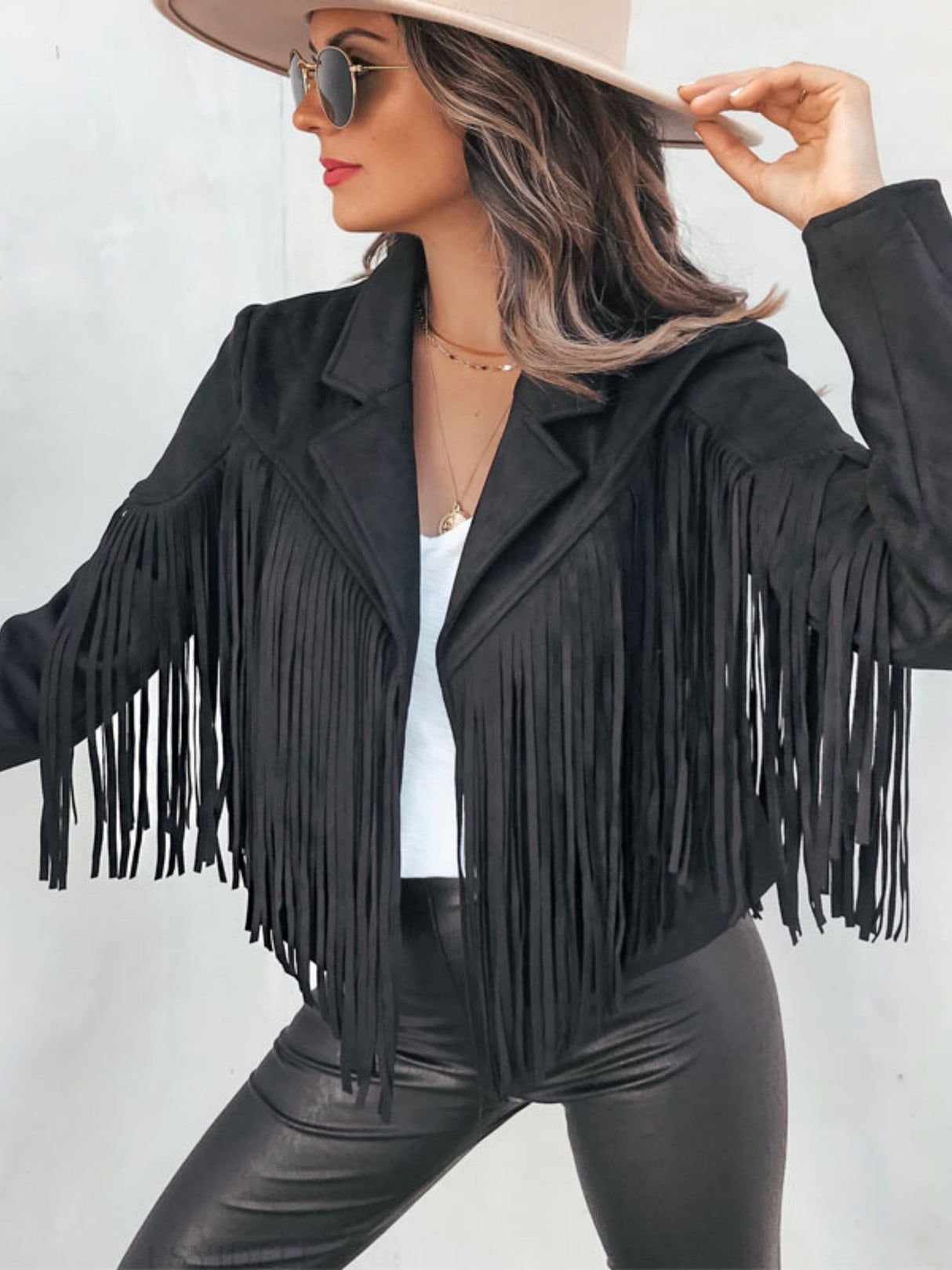 Suede Collared Tassel Short Autumn/winter Long-sleeved Leather Jacket