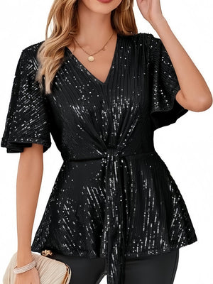 V-neck Pullover Sequins Tie-strap Mesh/see-through Top