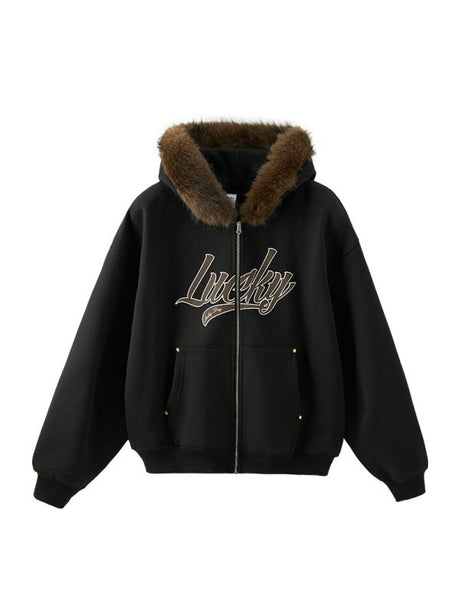 Hooded Embroidery Plush Collar Boxy Short Coat