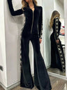 Velvet Patchwork Printed Long-sleeved Wide-leg Jumpsuit
