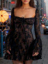 Lace Flared Long-sleeved Tie-back A-line Short Dress