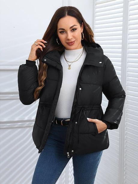 Stand Collar Waist Tie Down Padded Jacket Warm Coat