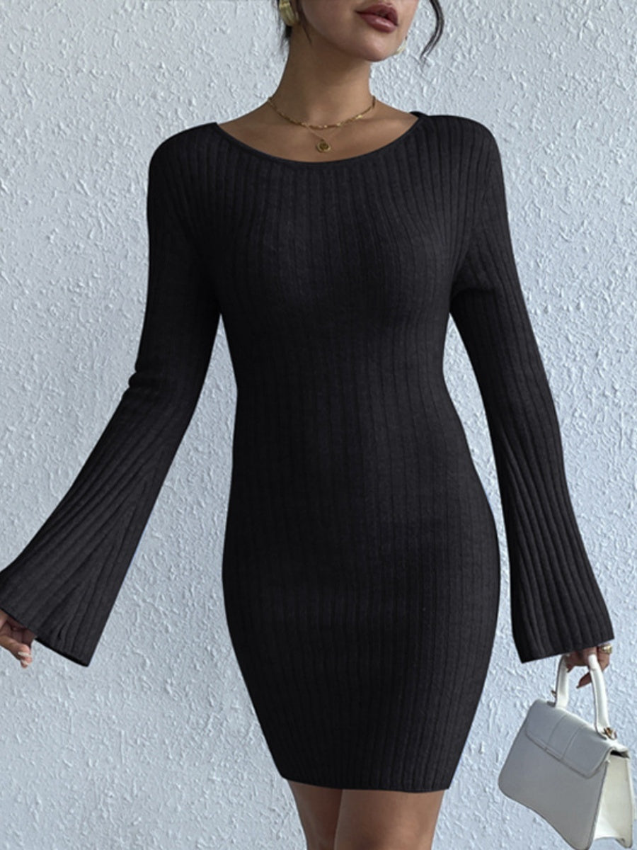 Liber Autumn women's backless knitted long-sleeved pullover short dress