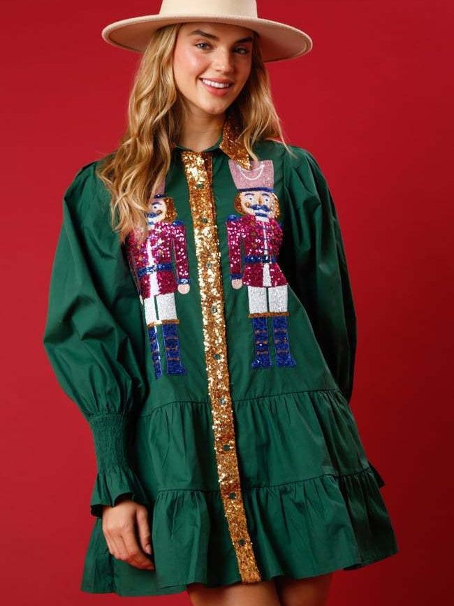 Christmas Sequined Nutcracker Soldier Contrast Color Long Sleeve Lapel Dress
